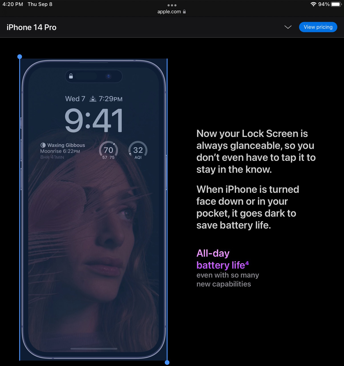 Two holes in the iPhone 14 Pro Max screen, screenshot of the Apple website