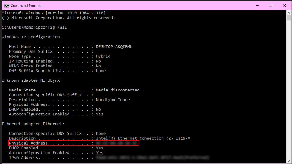 2- Find MAC address with command prompt
