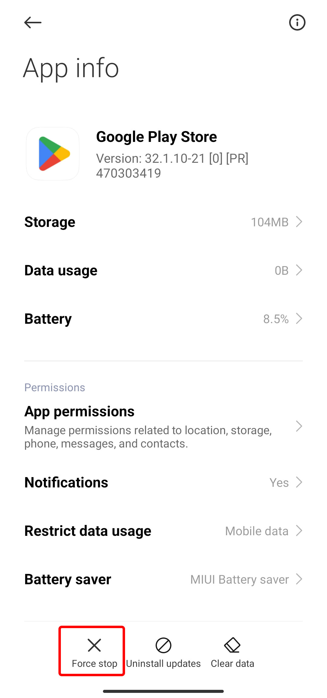 Forced stop of Google Play application on Android
