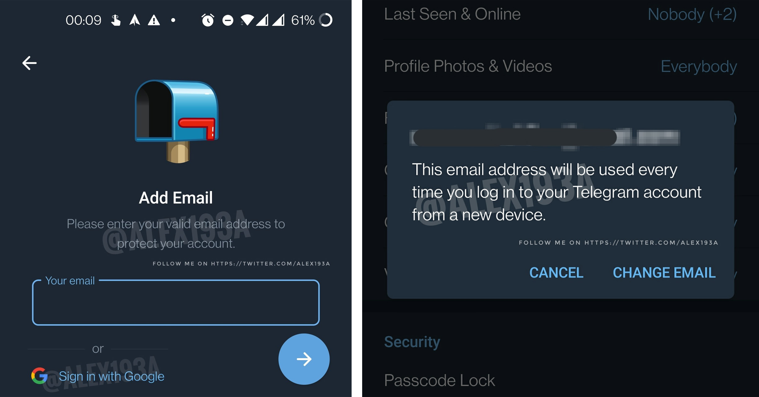 اسکرین شات تنظیمات افزودن ایمیل به اکانت تلگرام