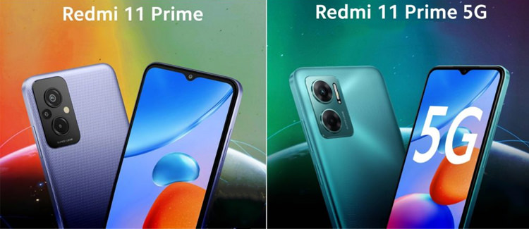 Redmi 11 Prime 4G next to the 5G model from the back and front view