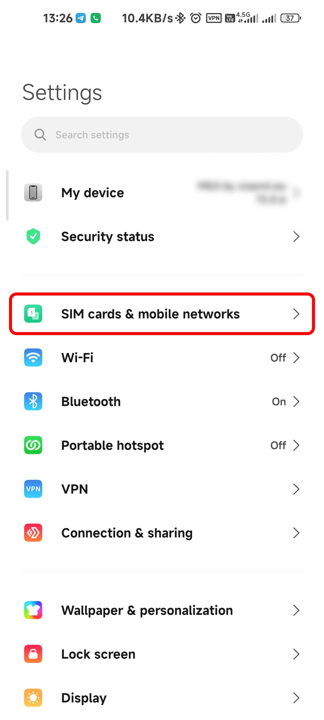 Select SIM cards & mobile networks option