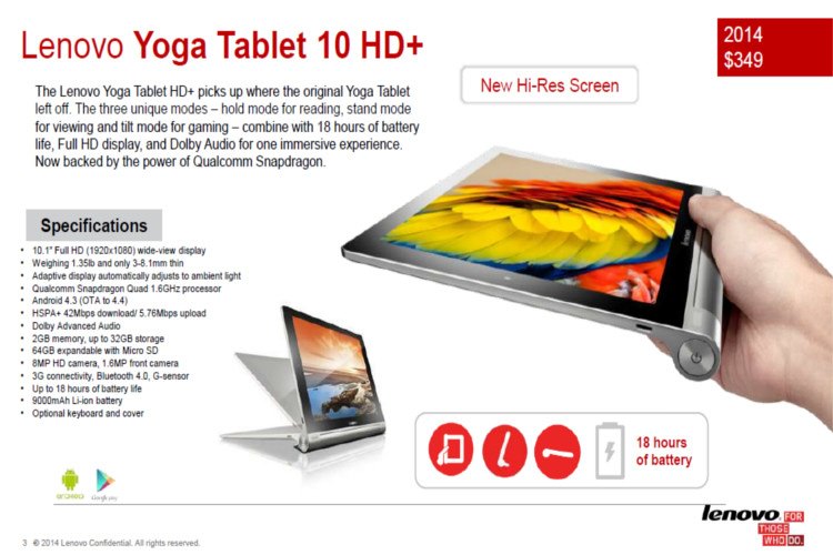 +Yoga Tablet 10 HD لنوو، نسخه جدید تبلت یوگا معرفی شد: پردازنده اسنپ‌دراگون 400، حافظه رم 2 گیگابایت، باتری 9000 میلی‌آمپرساعت