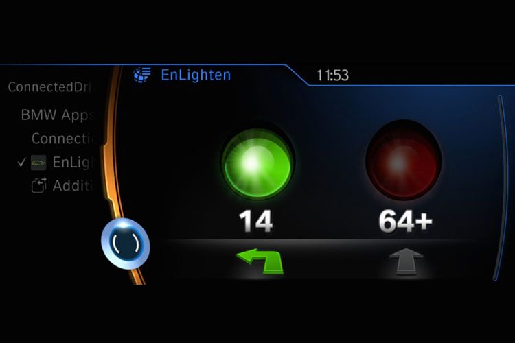 اپلیکیشن EnLighten بی ام دبلیو زمان سبز شدن چراغ راهنمایی را اطلاع می‌دهد
